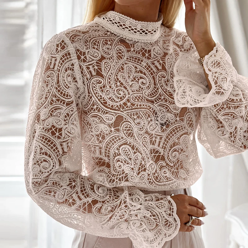 

Повседневная женская блузка с воротником-стойкой, длинным рукавом, кружевом и ажурными вставками, свободного кроя, для весны и лета, для отдыха и работы