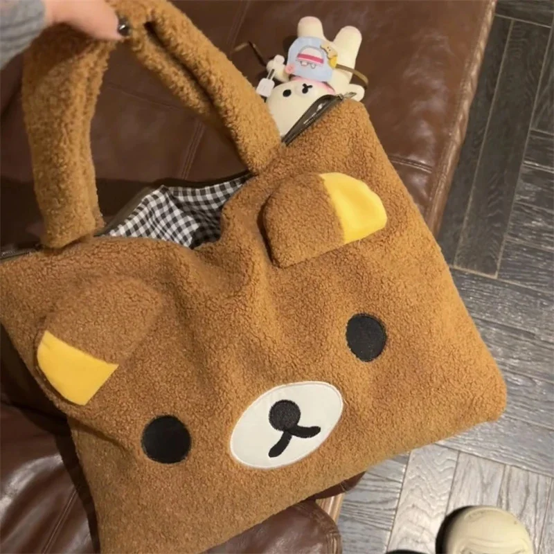 

Rilakkumaed Cute Bear Plush Tote Bag For Women Soft Lamb Fur Large Capacity Shoulder Bag Winter Commuting Handbag Daily Use