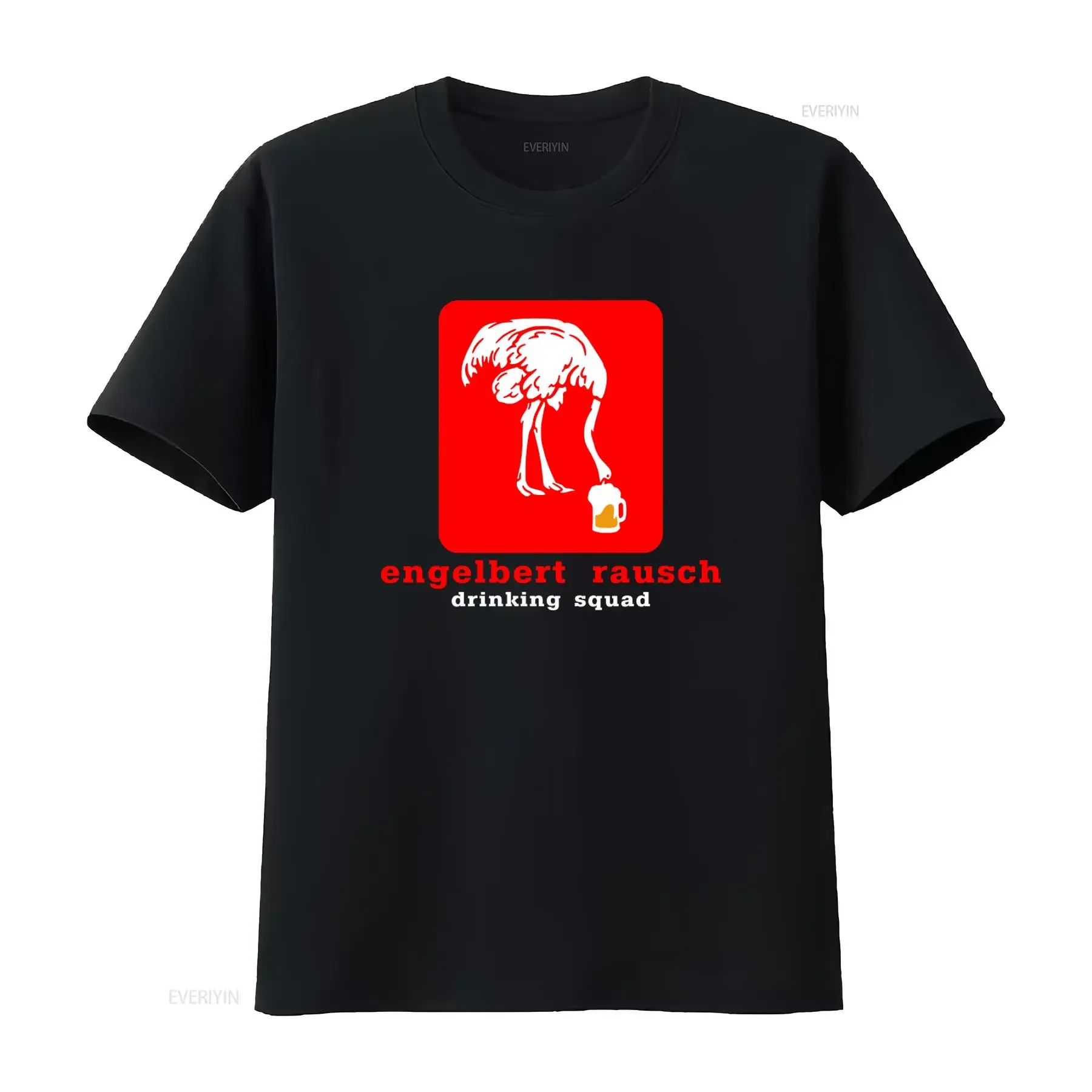 Engelbert Rausch Drinking Squad T Shirt Funny Ostrich Beer Design Perfect for Birthdays Father's Day Festivals Summer Fun Soft