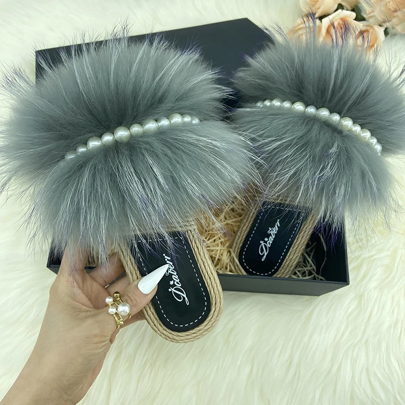 100% Natural Fox Fur Slippers Woman Summer Faux Espadrilles Pearl Chain Fluffy Slides Flip Flops 2022 Flats Women Shoes Sandals