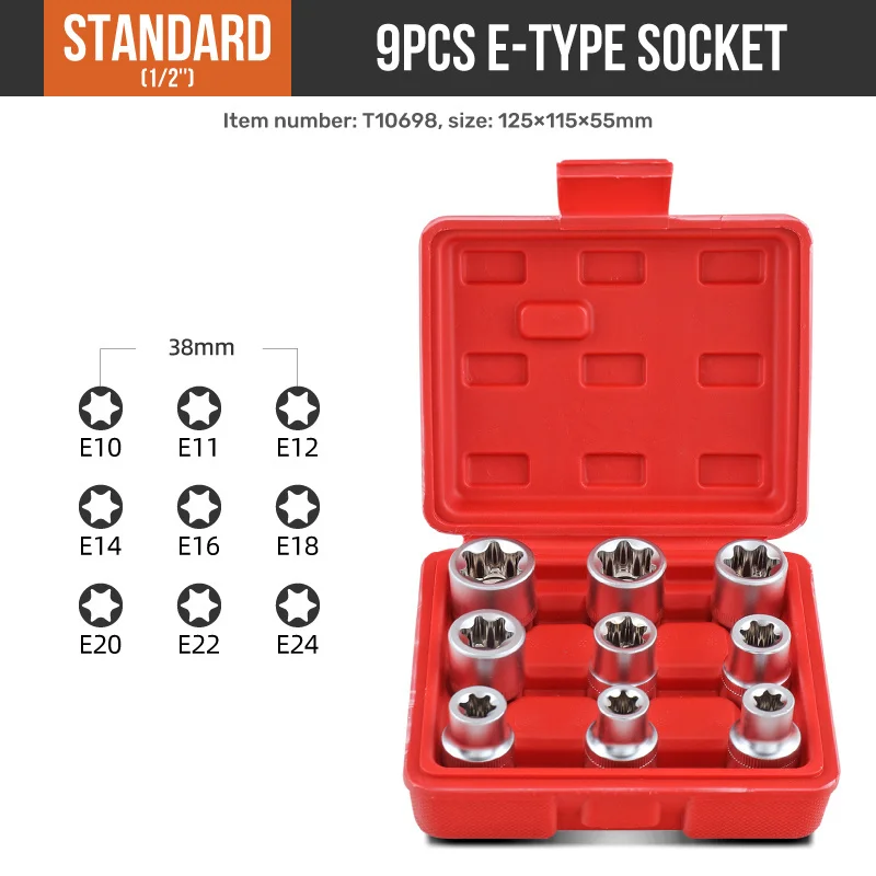 

Hi-Spec 9/10/14/17pc E-type Torx Star Socket E4-24 Bit Female Socket Repair Tool Set For Torque Spanner Ratchet 1/4" 3/8" 1/2"