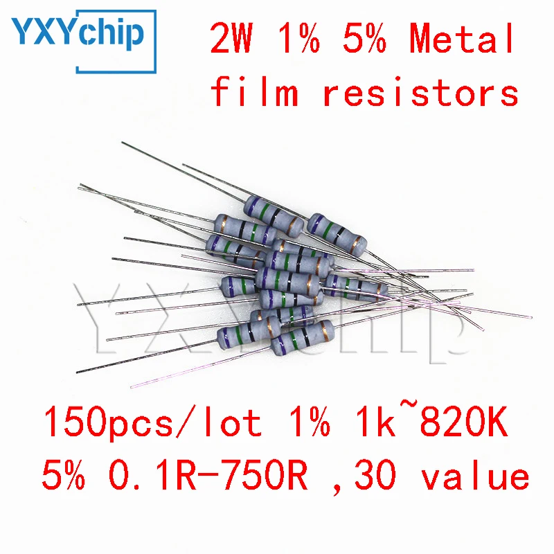 150pcs/lot 2W Metal film resistors 1% 1k~820K, Carbon film resistor 5% 0.1R-750R ,30 value Wirewound resistance assortment kit