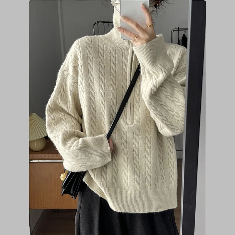 Korean Style Zipper Lapel Sweaters Women Autumn Winter Thick Vintage Pullovers Sweater Coat Twists Knitwears Tops Pull Femme