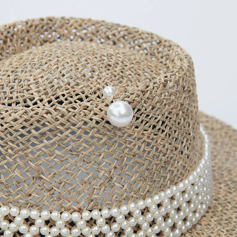 

2025 Women's Teardrop Crown Raffia Straw Sun Hat with Pearl Embellishment, Fashionable Beach Hat for Vacation Street Style