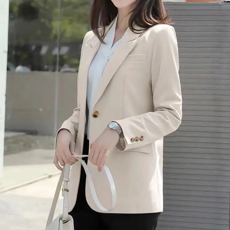 Blazer jaket profesional wanita, jaket gaya Korea elegan longgar kasual Vintage warna Solid Single-breasted Blazer musim gugur