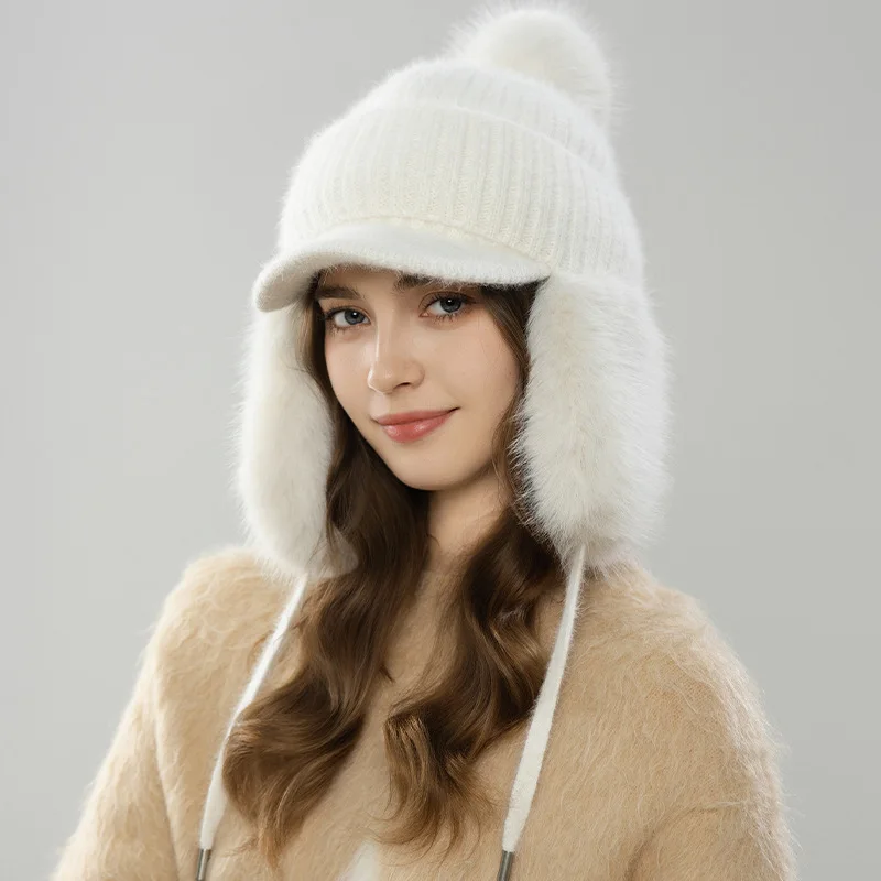 

Hat Earflap Women Winter Angora Knit Beanie Real Pompom Warm Accessory For Cold Weather Autumn Outdoor Skiing Sports Holiday