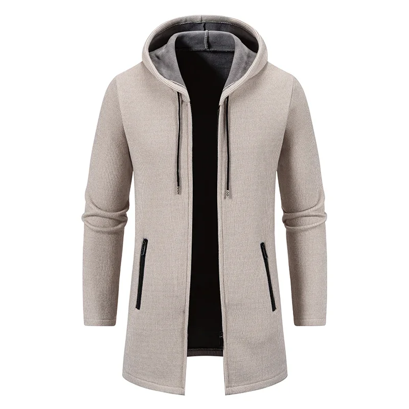 Winter Mens Fashion Hooded Long Coat Solid Color Warm Thick Casual Long Sleeve Zipper Jacket Mens Cardigan gabardina hombre