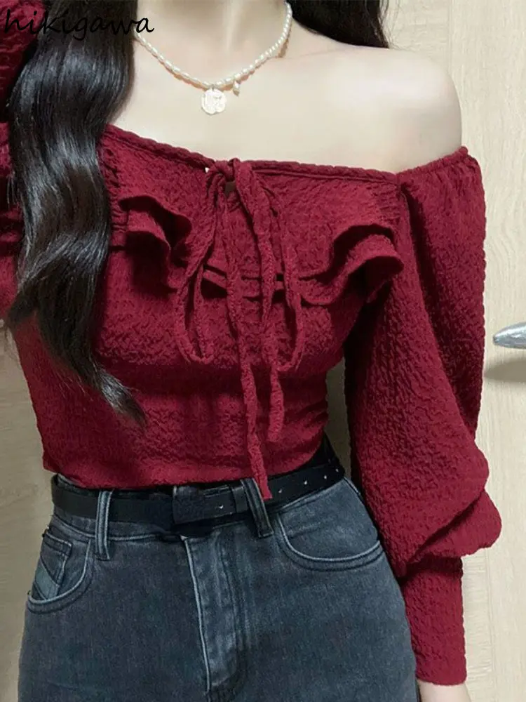 Korean Blouses for Women Square Collar Long Sleeve Tunic Shirts 2023 Blusas Mujer De Moda Sweet Ruffles Vintage Crop Tops 7k869