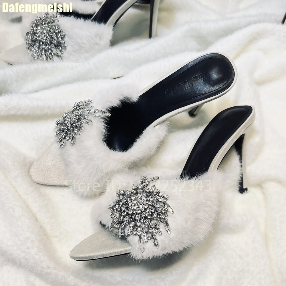 

Новые зимние тапочки-слипоны 2026 года из меха норки со стразами, женские, на высоком каблуке, с кристаллами, блестящие, на шпильке, для дома