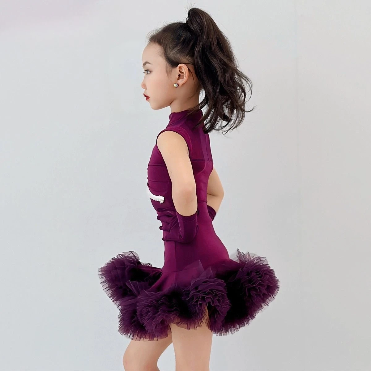 여아 라틴 댄스 드레스 민소매 러플 튜튜 스커트 어린이 공연 의상 대회 룸바 탱고 댄스 드레스