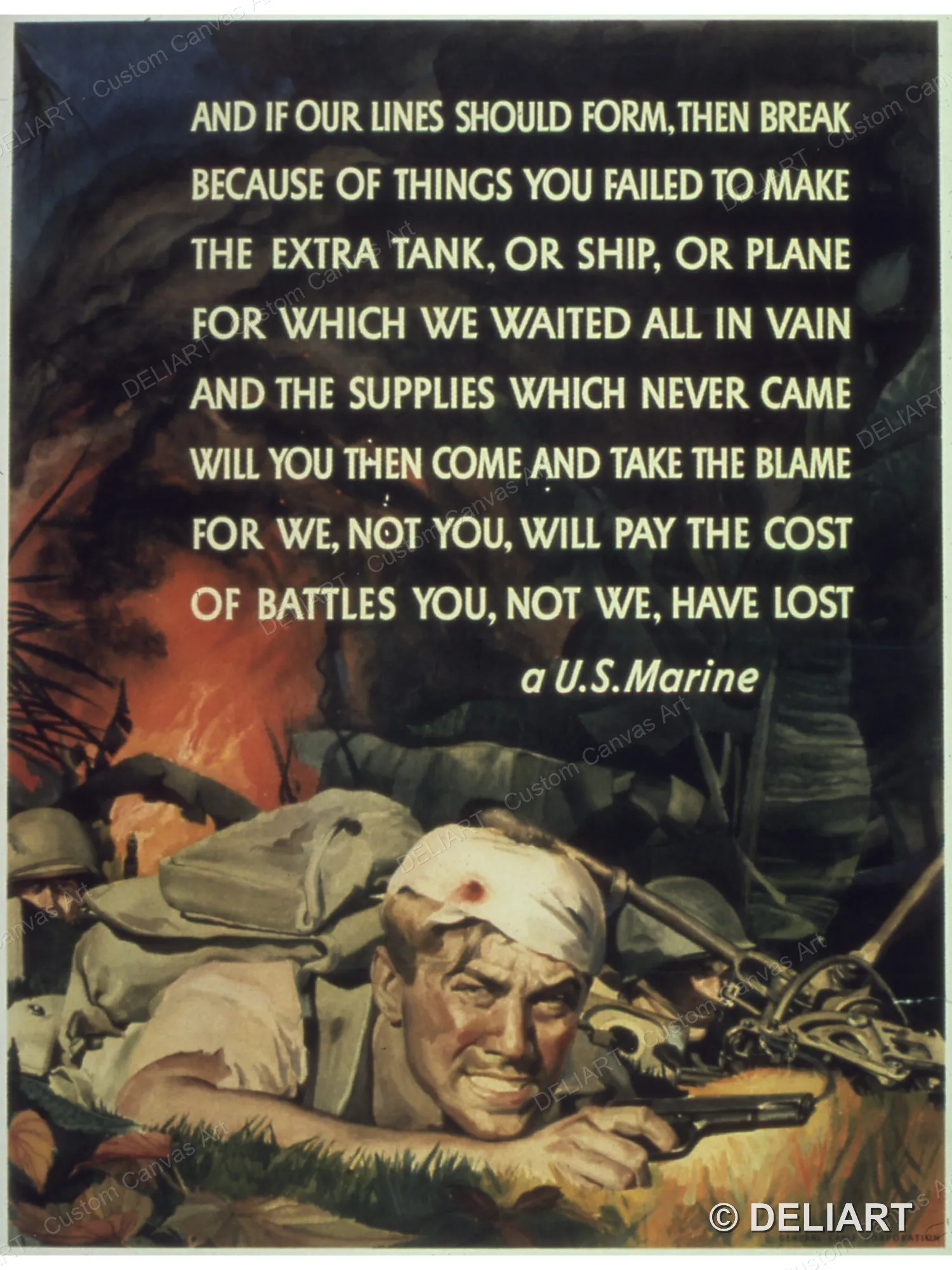 And if our lines should form, then break (a U.S. Marine) Vintage WWII Propaganda Canvas Wall Art Poster Print Unframed