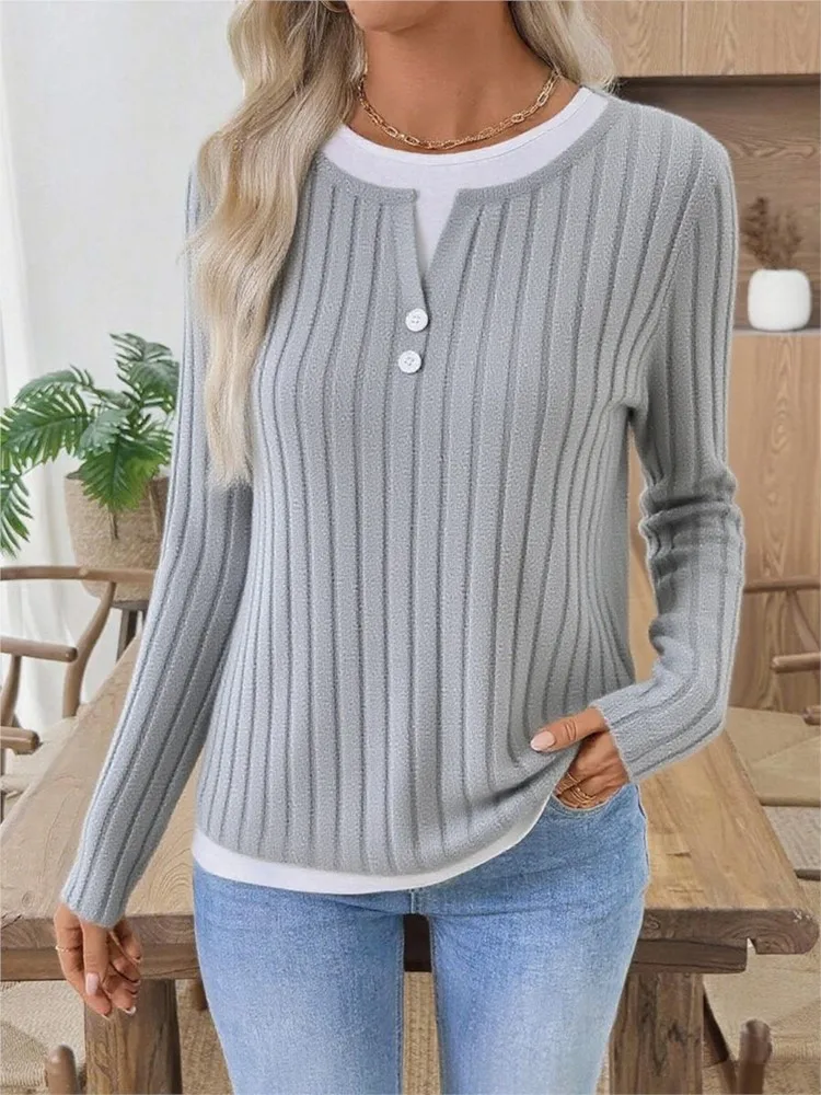 

Autumn Winter Two Fakes Knitting Pullover Fashion Solid Color O-neck Long Sleeves Sweater Ladies Casual Button Design Tops