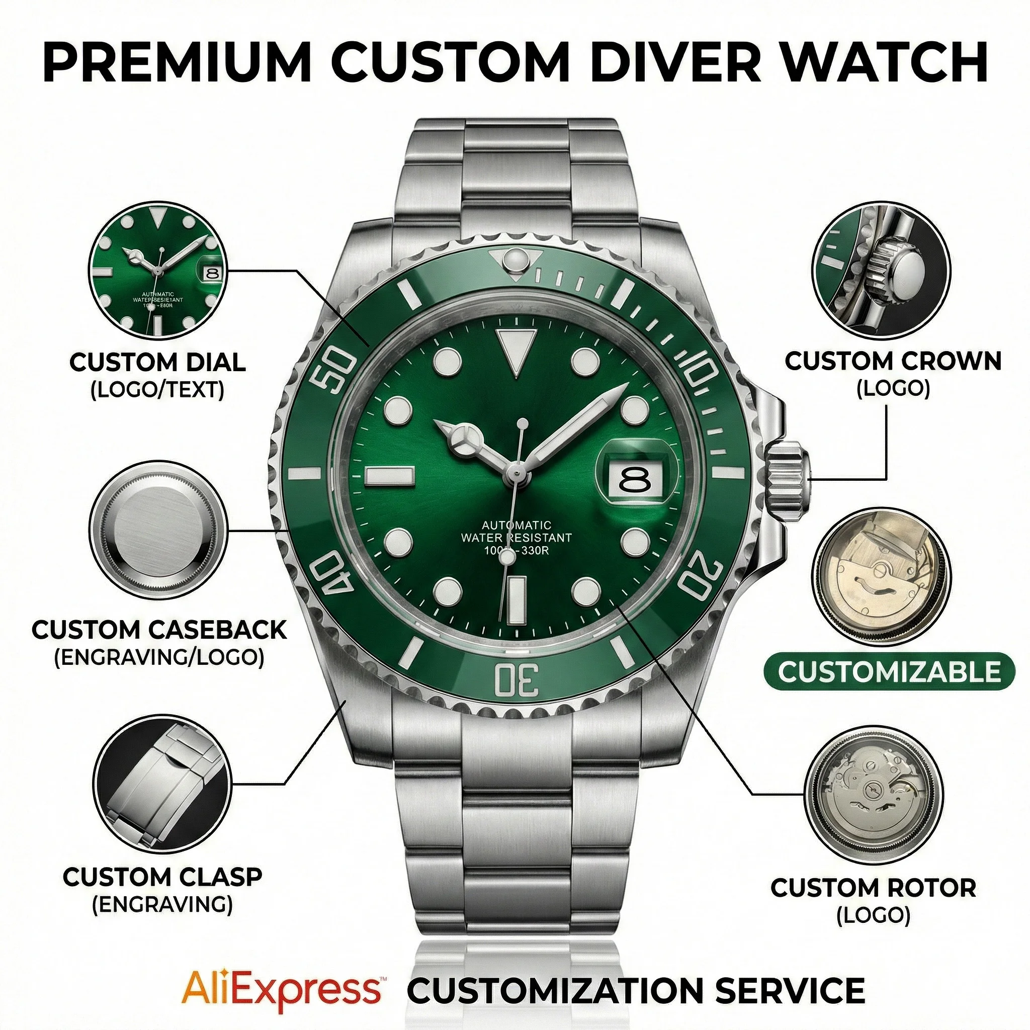Vollständig personalisierte Corgeut NH35 Automatikuhr für Herren, Taucheruhr 100M, Saphirglas, Keramiklünette, Stahl, personalisiertes Logo auf Zifferblatt, Krone und Gehäuseboden. – Detail 1