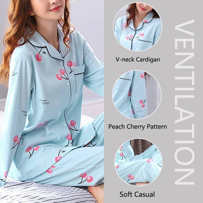 Four Seasons Women Pajamas Set with Lapel Top and Long Pants Checkered Striped Printed 2 Piece Set Ladies Nightwear Homewear image 2