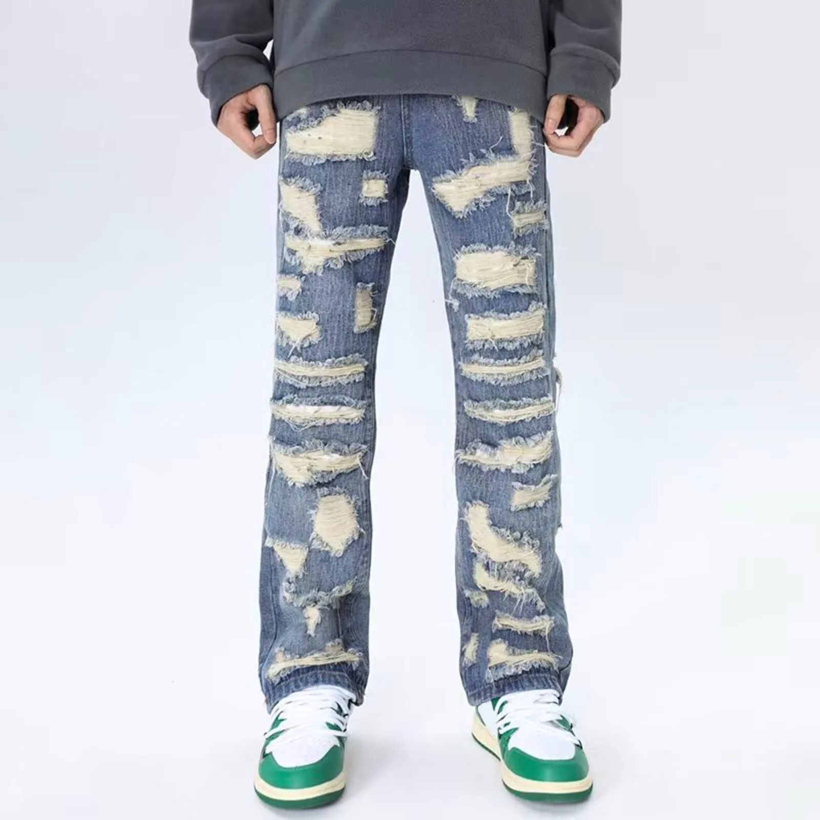 

Mens Ripped Baggy Jeans Distressed Denim Streetwear Skateboard Pants Straight Leg Patchwork Oversized Urban Fashion Workwear