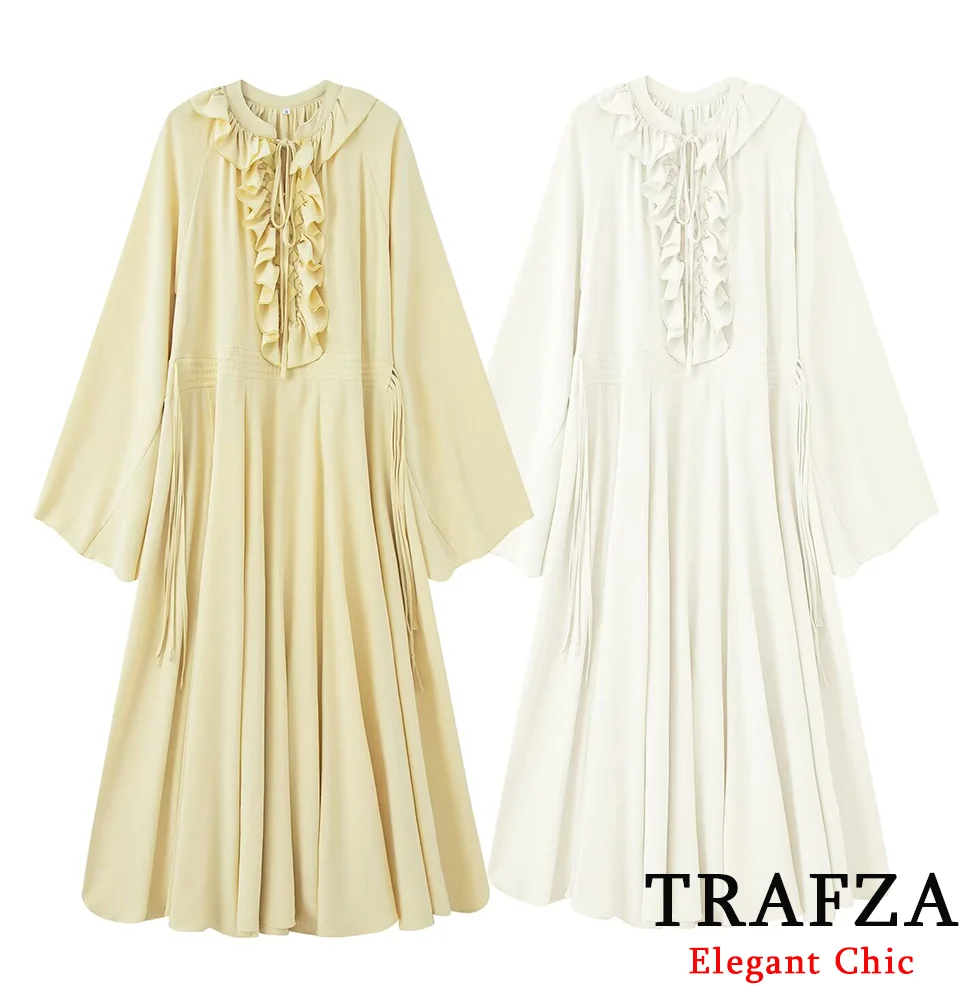 

TRAFZA Vintage Boho Long Dress Women's Long-Sleeved Loose Lace Pleat Dress 2025 Spring/Summer Fashion Elegant Holidays Dress