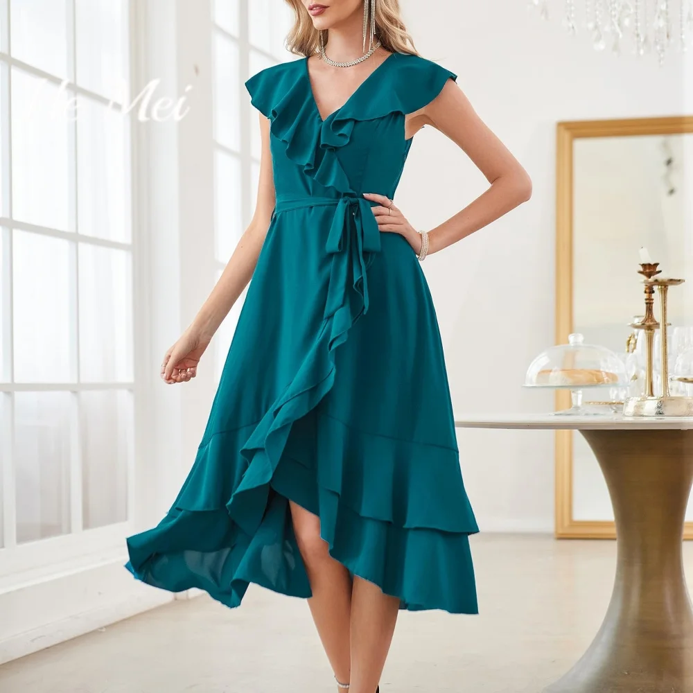 

He Mei Simple Women Gowns Elegant A Line V-Neck Dress Mid Calf Length Tank Mother Dresses Robes Invitée Mariage