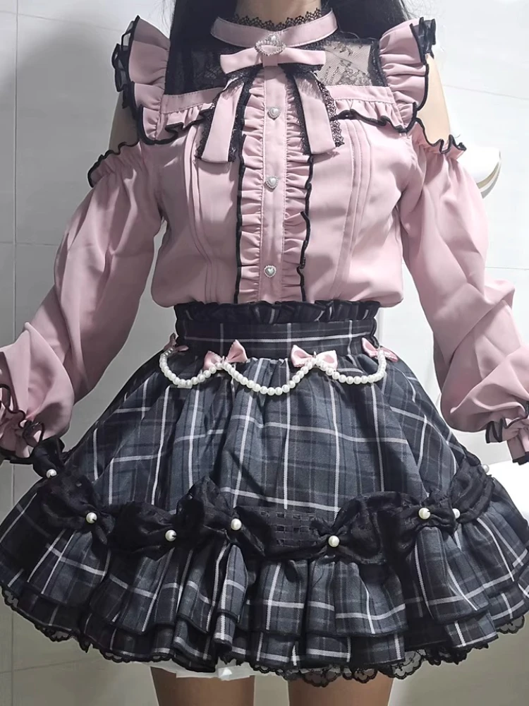 일본 레이스 스탠드 칼라 오프숄더 긴팔 하트 버튼 셔츠 하이웨이스트 비즈 체인 플래드 스커트 투피스 세트 여성