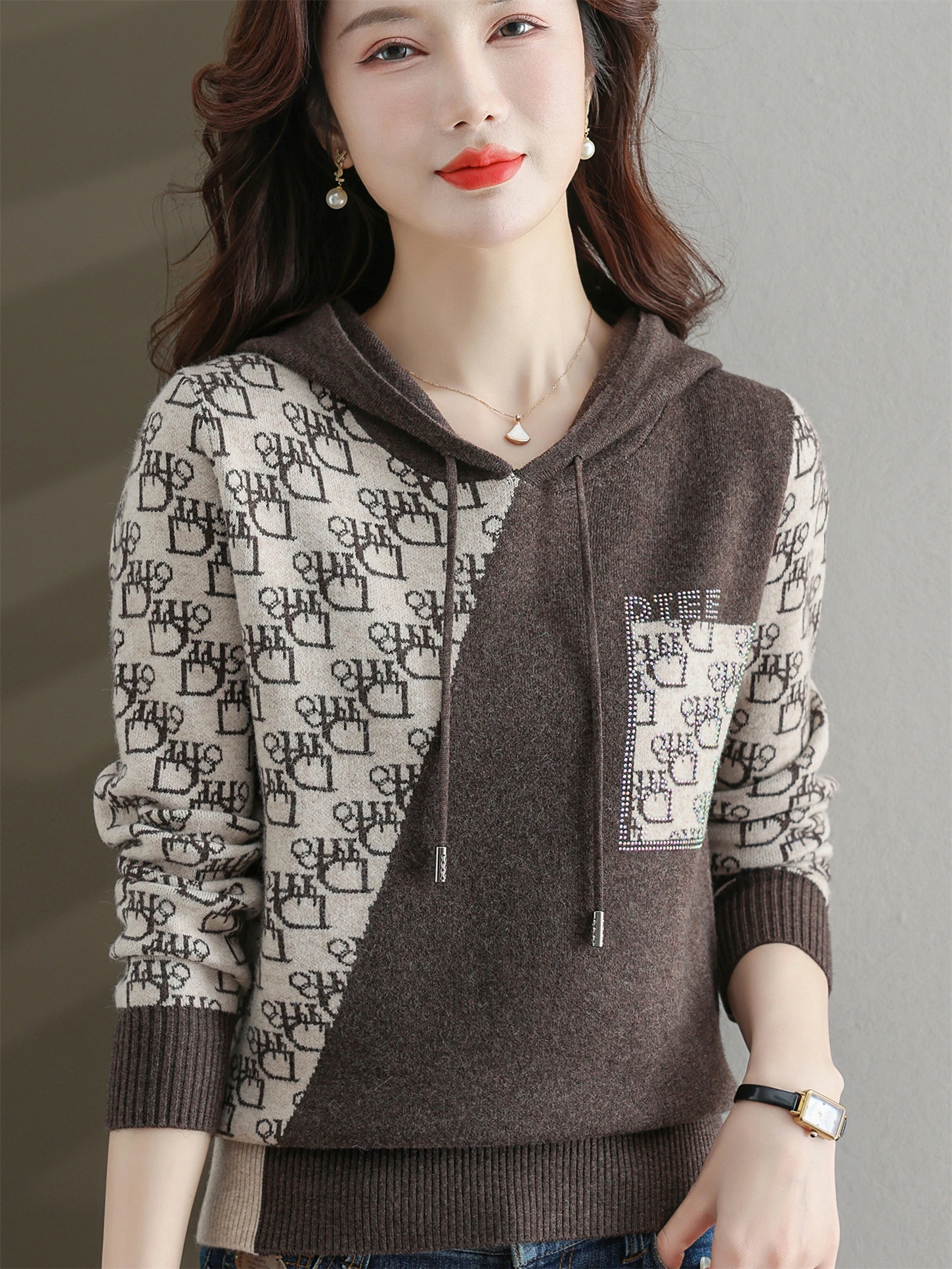 

Свободный женский вязаный худи с длинными рукавами, модный шерстяной топ для весны и осени, повседневная одежда, легкая в уходе