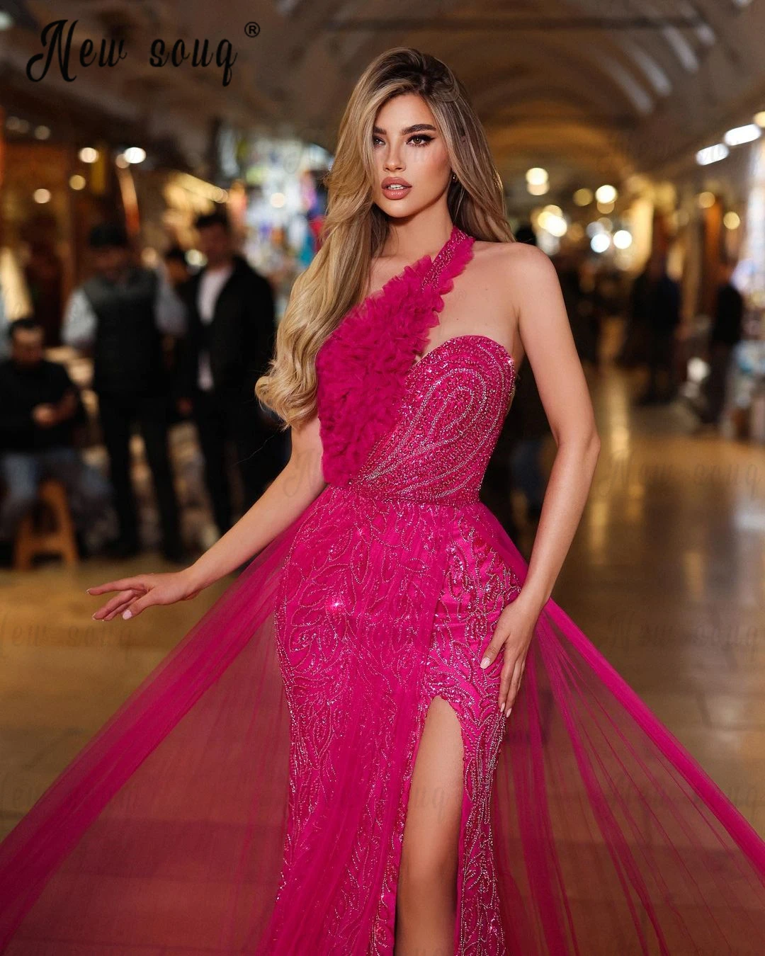 Arabic Fuchsia One Shoulder Party Dress Hot Pink Prom Dresses Luxury Beading Bespoke Occasion Dresses فساتين للحفلات الراقصة