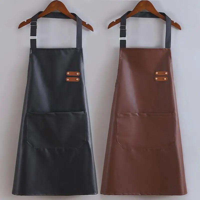 Unisex PU Bib Leather Chef Kitchen Apron Barista Bartender Pockets Apron Home Barber Coffee Restaurant Garden Pinafore