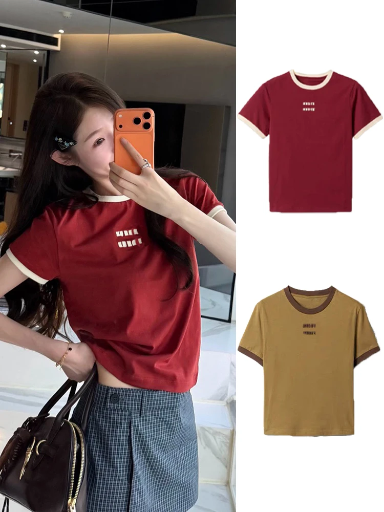 

New 26s High Version Short Sleeve T-Shirt Chest Letter Splicing Design Jennie Zhang Yuxin Casual Cotton Summer Top for Women