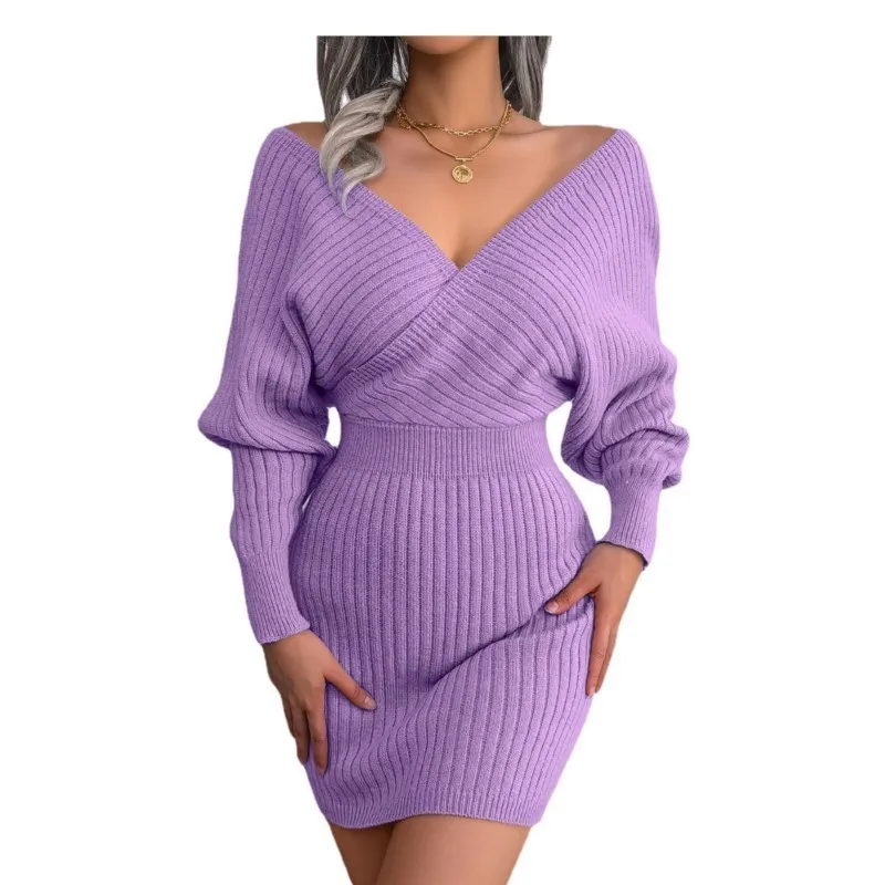 

Women's Autumn And Winter Sexy Cross V-neck Bat Sleeve Dress Long Sleeved High Waisted Solid Color Pencil Dress Vestidos Femme