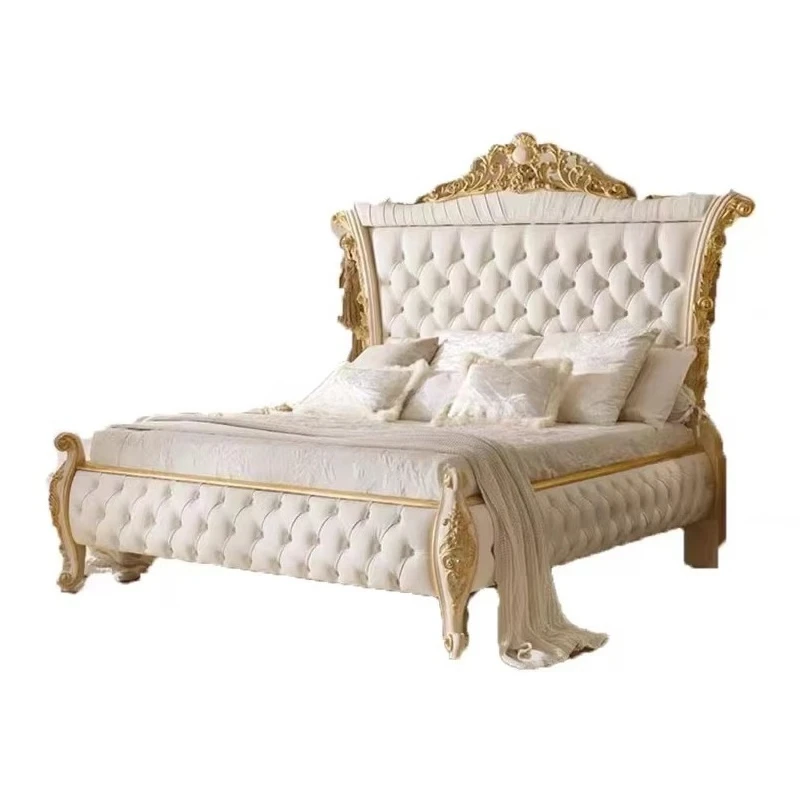 Royal Gold Leaf Smooth White Leather Chesterfield Bed European Girl Princess Bedroom Lace Ruffle Bed