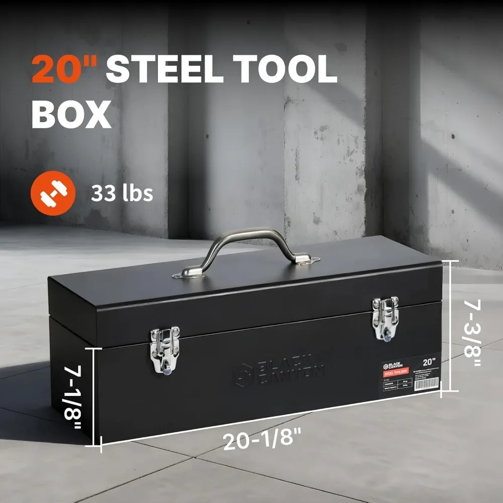 20 Inch Steel Tool Box, Carbon Steel, Portable & Padlockable, Durable for Trailer, Mechanic, DIY-ers, Car Toolbox, Workshops