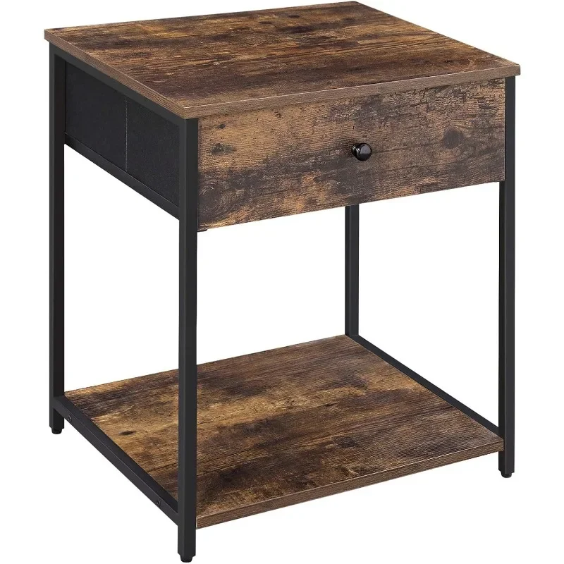 Rustic Nightstand, Industrial Bedside Table with Drawer, 2 Shelves, Fabric Drawer Dresser, End Table with Wooden Top and Front