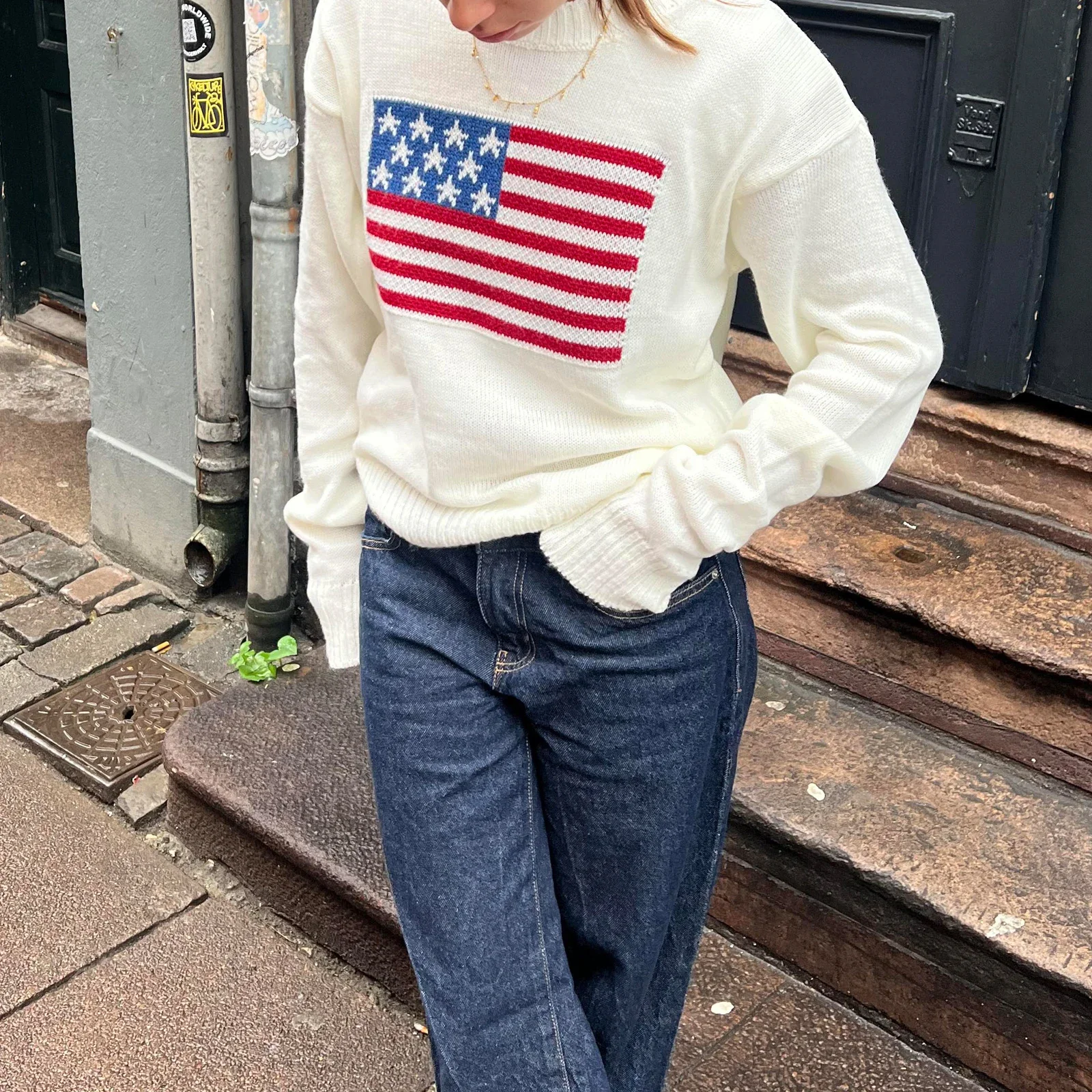 Women's Autumn Loose Knit Tops America Flag Print Long Sleeve Round Neck Sweaters Fall Winter Warm Knitwear Casual Jumpers