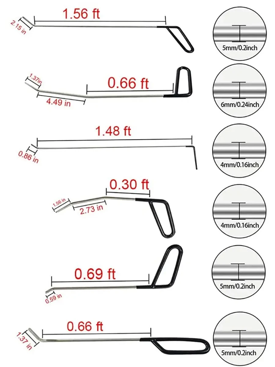 Car Body Dent Repair Hook Robs Removal Tools Door Dings Removal Crowbar Kit for Hail Damage Repair Rods Automotive Workshop