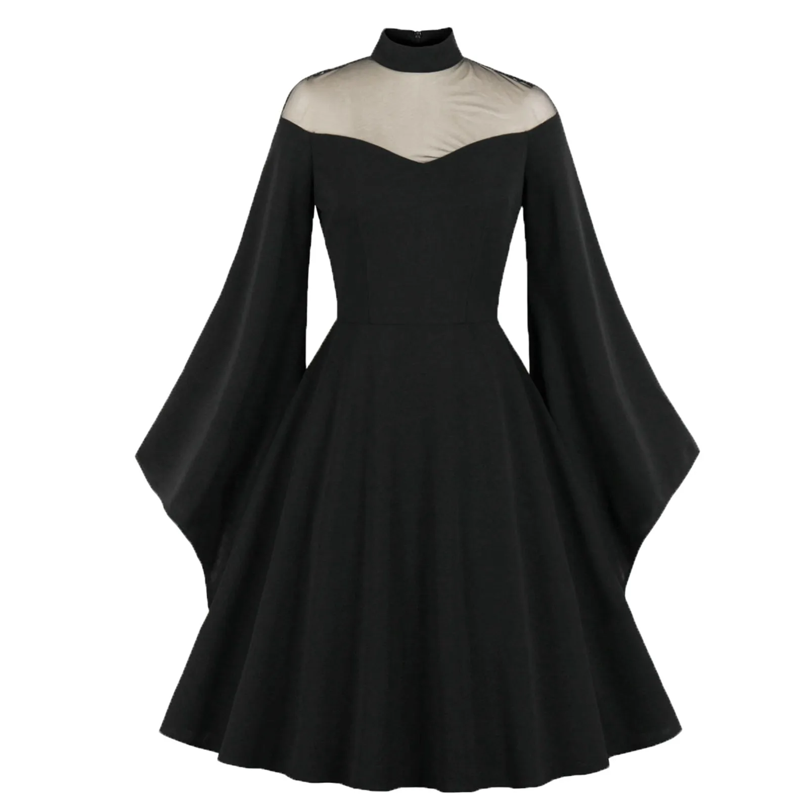 

2024 Vintage Long Sleeve Autumn Black Swing Dresses Party Tonval Stand Collar Mesh Elegant Halloween Costumes for Women