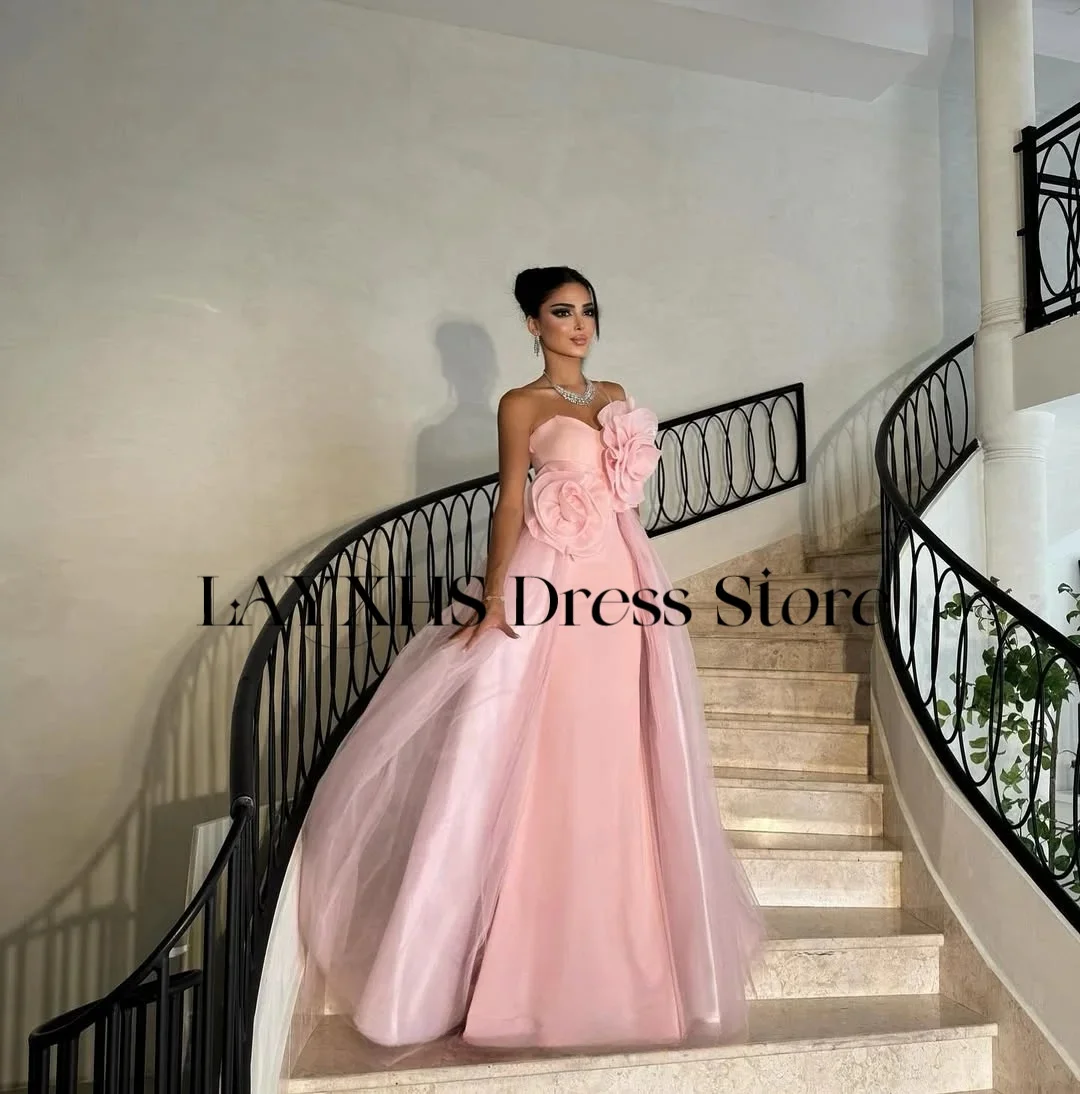 LAYXHS Exquisite trägerlose Abendkleider, rosa A-Linie, Blumen, Tüll, Hofschleppe, Ballkleider, individuell gestaltet