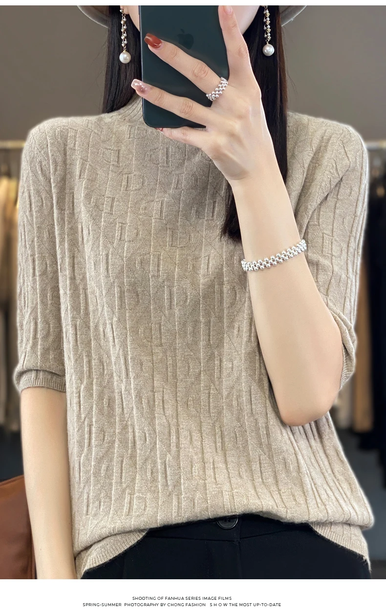 Women New Soft Diamond Letter Design Sweater Half-high Collar Three Quarter Sleeve Pullover Spring Summer Casual Knit Slim Top