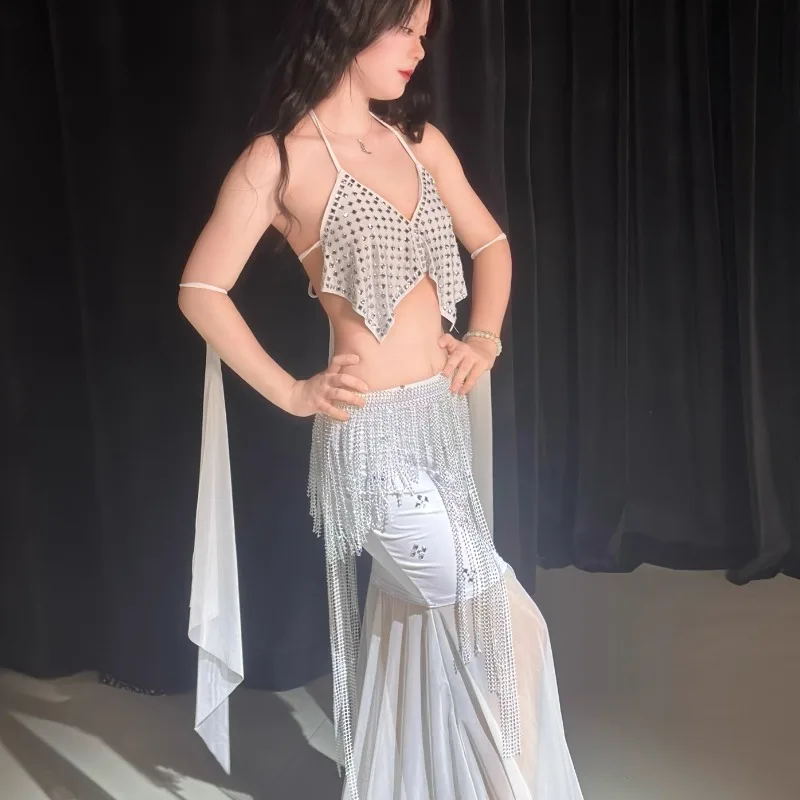 Customized Belly Dance Costumes White Performance Set Performance Outfit Sexy Temperament Fishtail Skirt Waist Chain