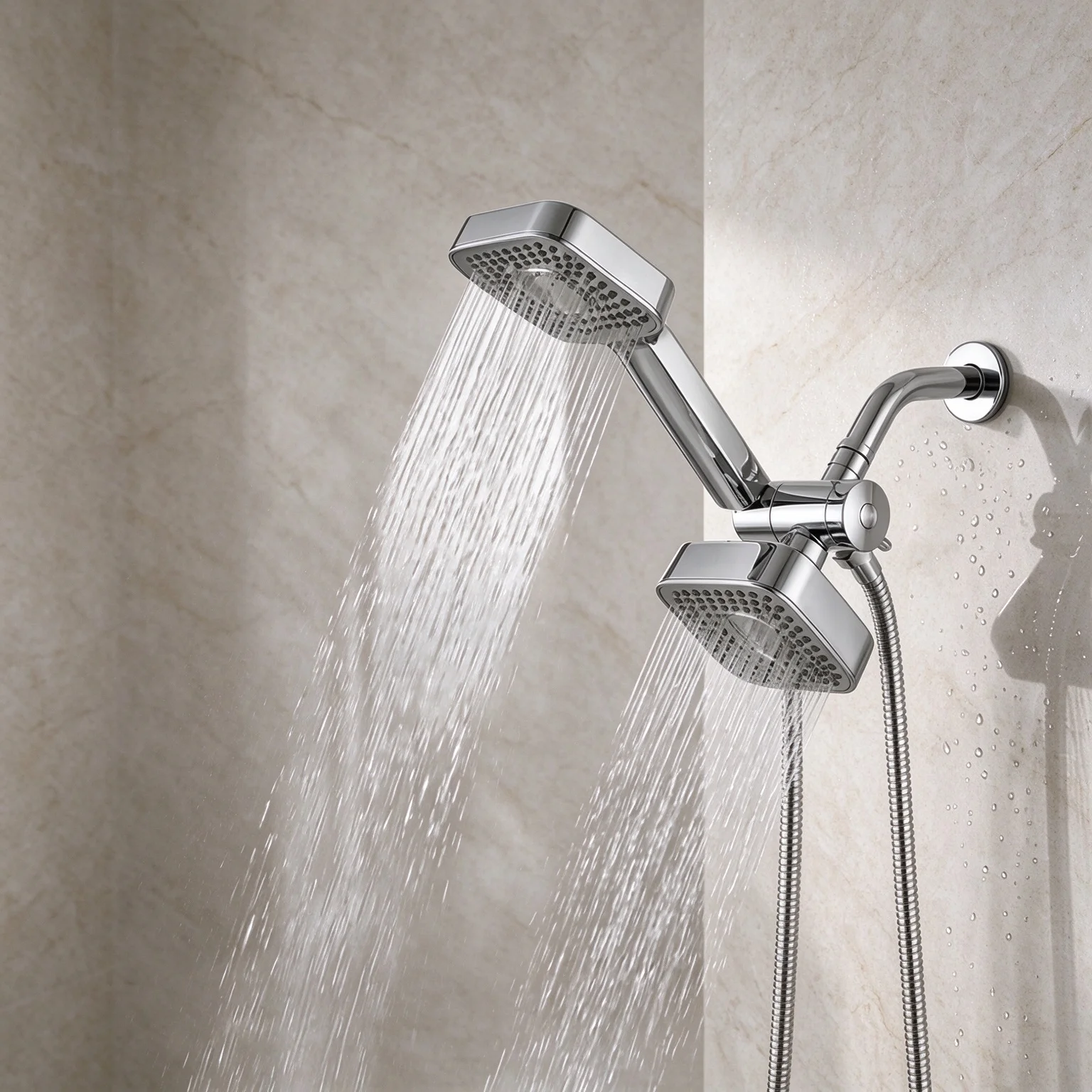 Dual Square Shower Head Combo Wall Mount Set Flexible Hose Soft Silicone Nozzles Adjustable Bracket
