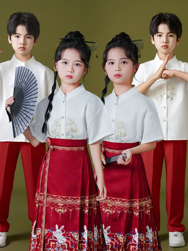 

Костюм для выступления детского хора «Красный Патриот»: юбка Ханьфу для девочек начальной школы, сценическая этническая одежда