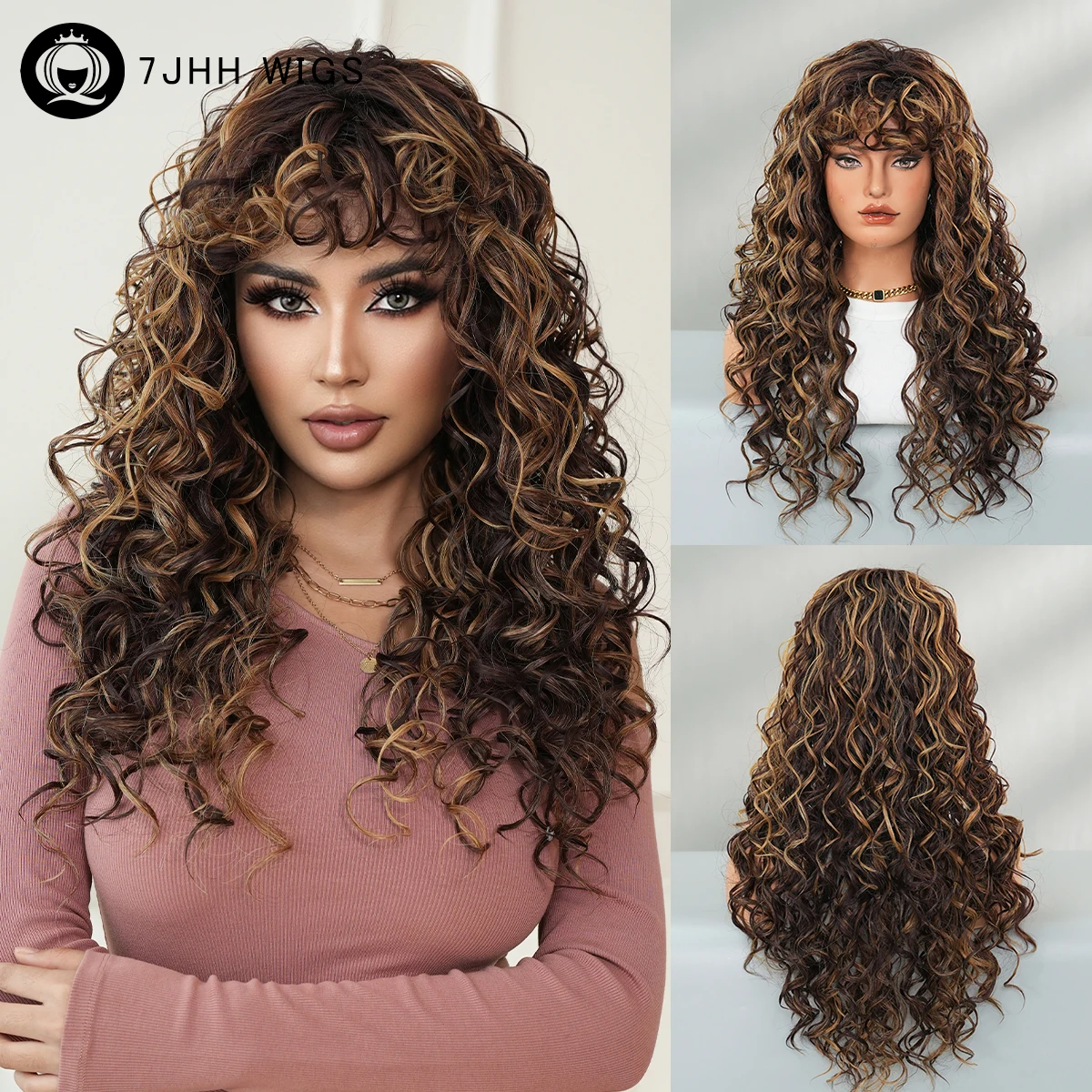 

7JHH WIGS Long Afro Curly Golden Brown Wig for Women High Density Synthetic Modest Fashion Wear and Go Golden Wigs with Bangs