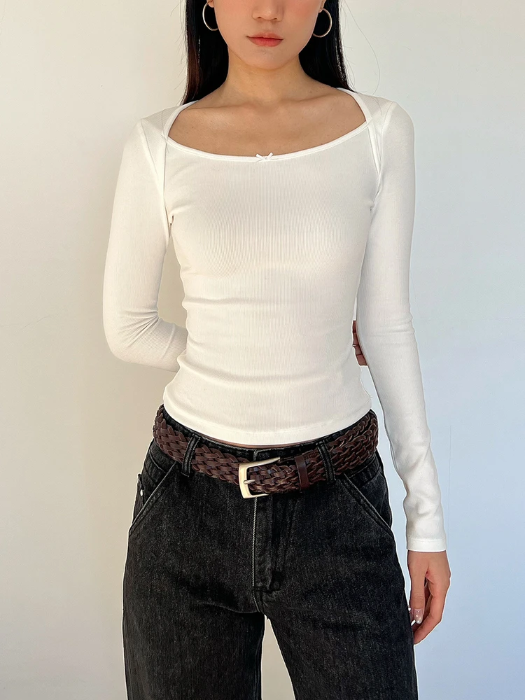 

Highlife осень-зима американская ретро пикантная девушка облегающая хлопковая футболка с квадратным воротником и узлом длинная све хлопковая футболка для женщин