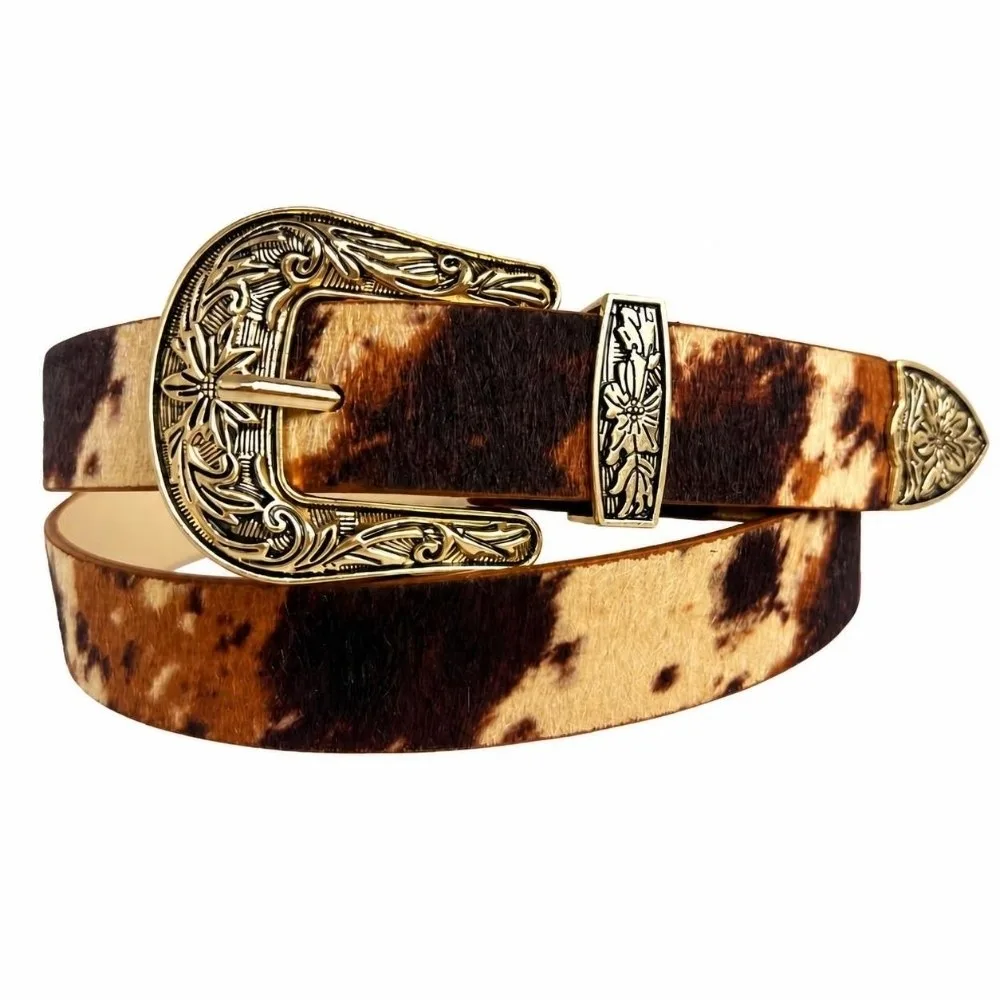 Fashion PU Leather Western Cowboy Belt Adjustable Alloy Buckle Engraved Buckle Belt Vintage Cow Print Belt For Jeans
