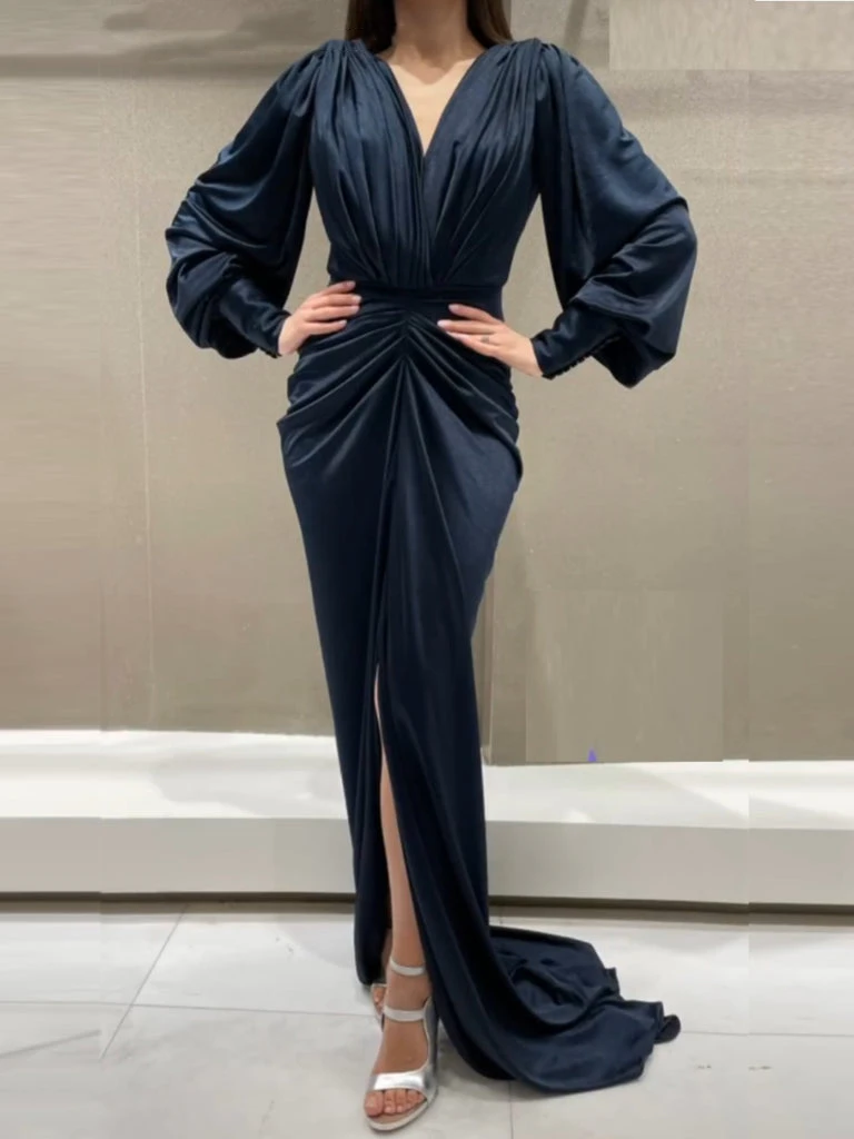 Robe de Soirée en Satin à Manches sulfFendue sur le Devant, Tenue Formelle Simple, Col en V, Balayage Traîne, Maxi, Personnalisée, 2025