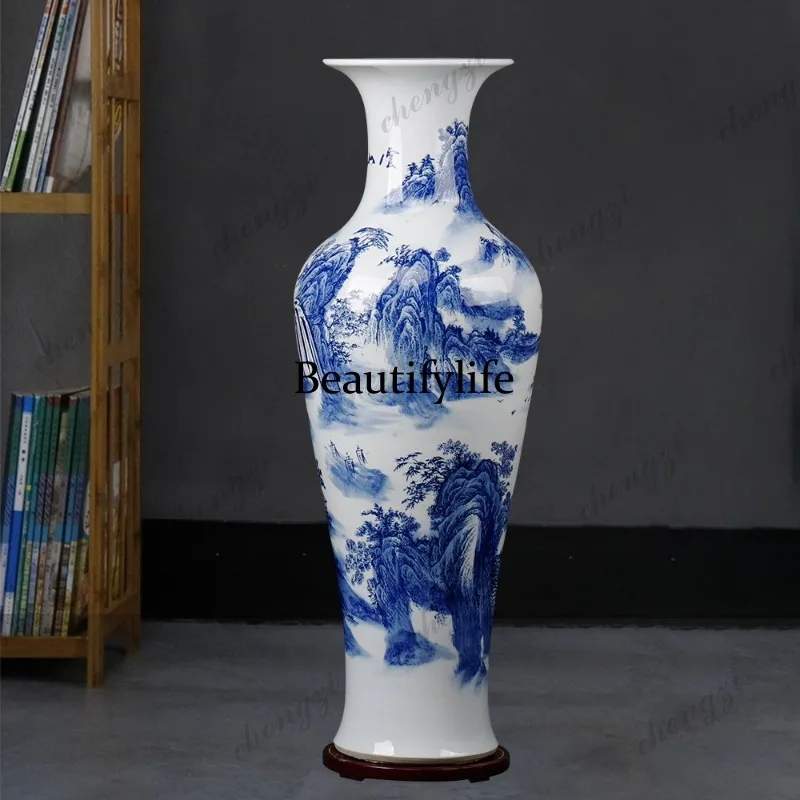 A95 Jingdezhen ceramics blue and white landscape floor-to-ceiling vase living room flower arrangement decoration ornament