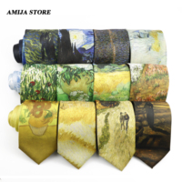 Fashionable 8cm Wide Polyester Tie Oil Painting Design Starry Sky Sunflower Tie Daily Wear Party Wedding Shirt Suit Accessories