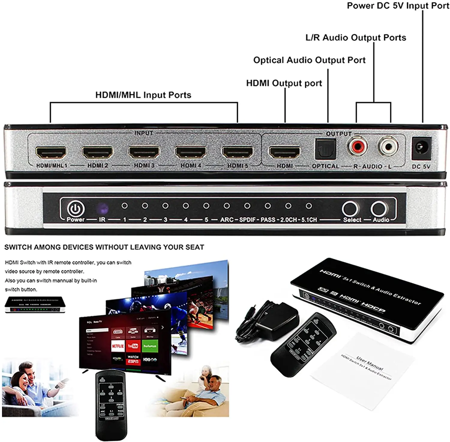 Extrator de áudio HDMI com controle remoto IR, seletor de switch, óptico, R e L saída de áudio, 5 em 1, 4K, 5X1