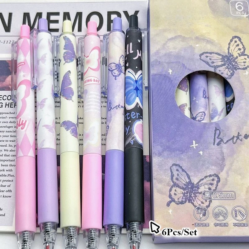 

6pcs/Set Kawaii Butterfly Gel Pen Aesthetic Stationary 0.5mm Quick-drying Black Ink Writing Pens Kawaii Student School Supplies