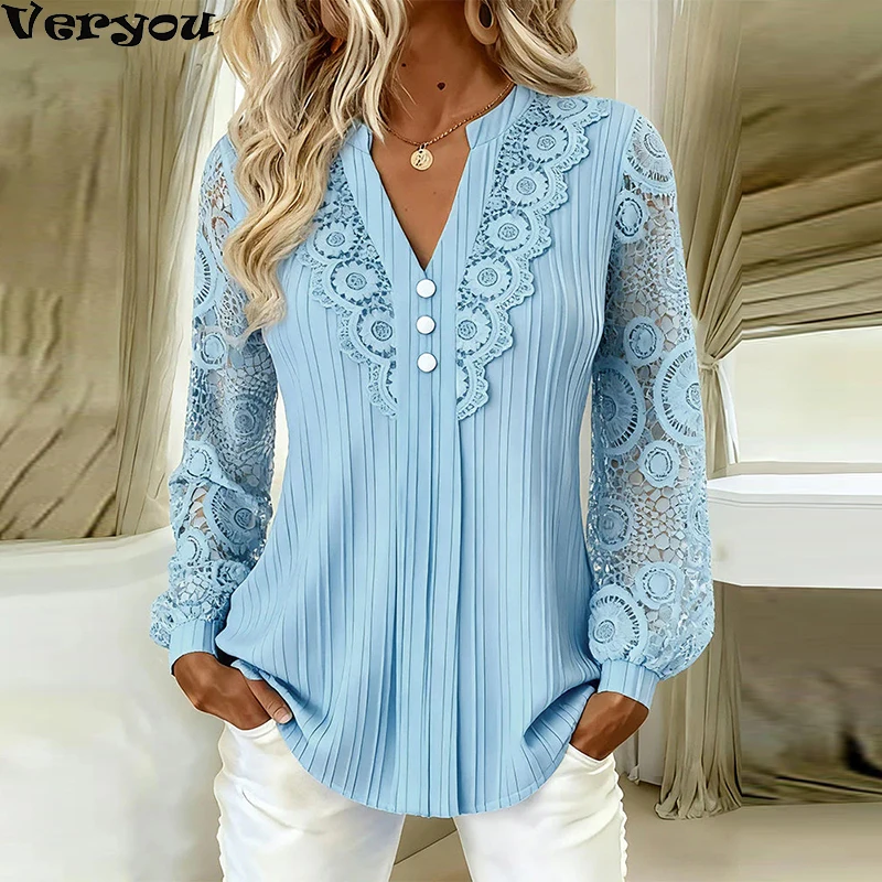 Elegant Office Lady Women Shirt Blue V Neck  Long Sleeve Button Blouse Women Casual Floral Hollow Out Lace Blouses Blue White