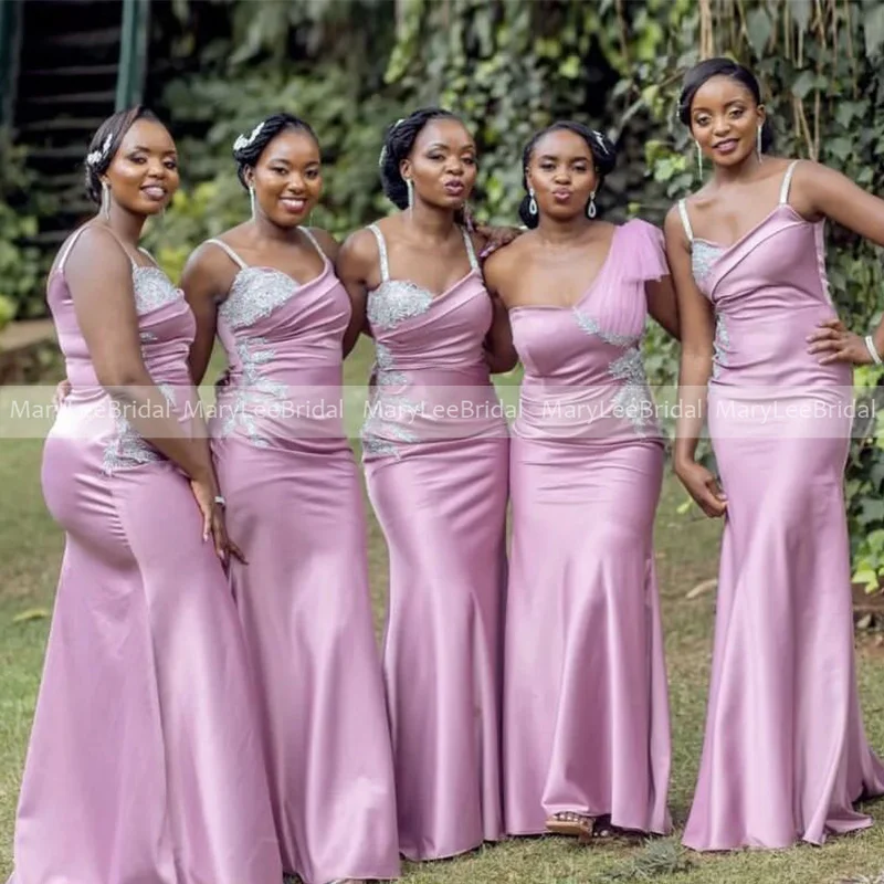 African Women Pink Mermaid Bridesmaid Dresses with Appliques Ruched Satin Long Wedding Reception Dress Maid of Honor Gowns Robes