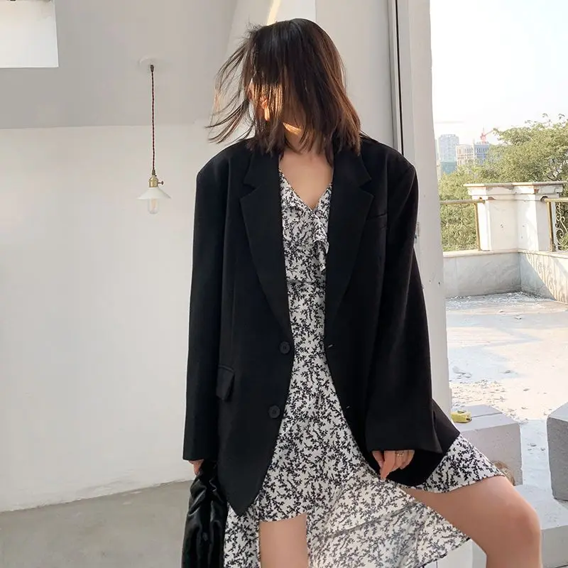 Women's Fall/Winter Vintage Casual Cropped Blazer Suit Coats Black Hepburn Style Loose Single-breasted Blazers Woman Clothing