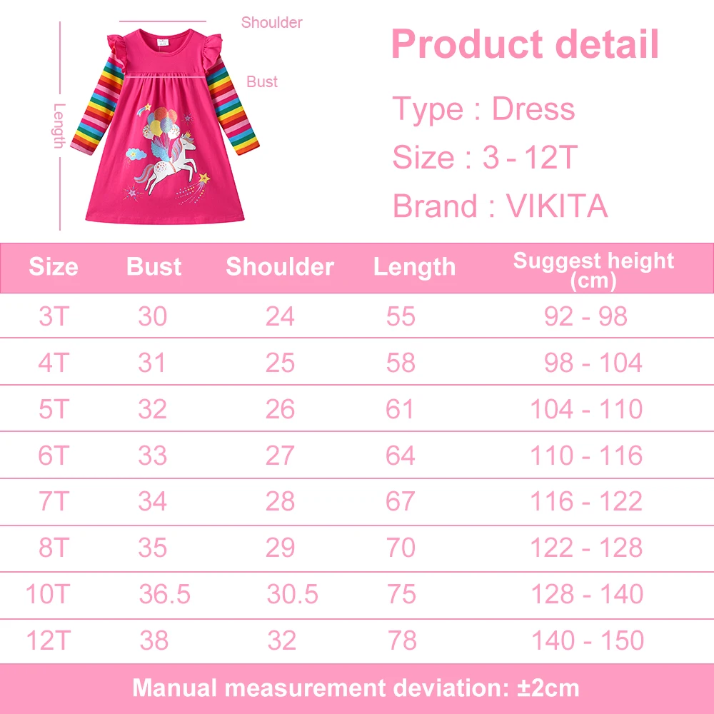VIKITA Mädchen-Kleid mit Einhorn-Print, Regenbogen-Streifen und Rüschenärmeln, gerades Kleid für Kinder, Baumwolle, lässig, täglich, weich, gemütlich, rosa Outfit-Kleider – Detail 1
